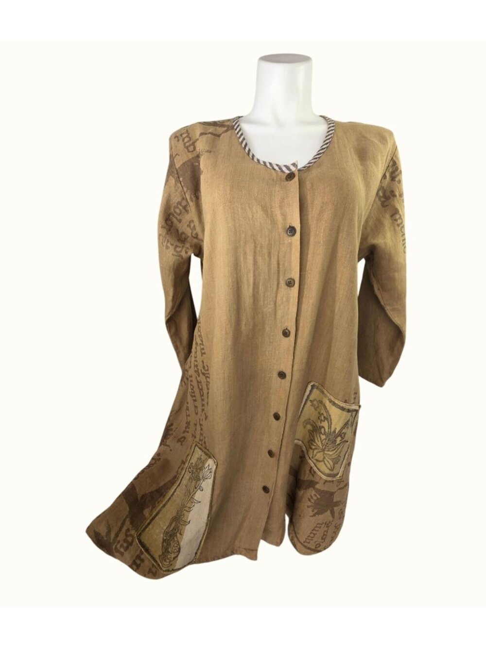 Vintage 80s Wearable Art Linen Tunic Jacket Womens OS Olive Graphic Print USA